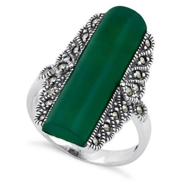 Sterling Silver Green Agate Tall Marcasite Ring New - Picture 1 of 4